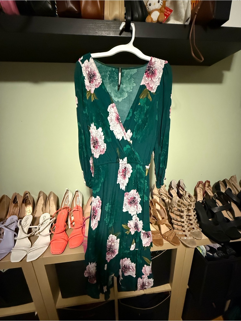 Green Floral Wrap Midi Dress